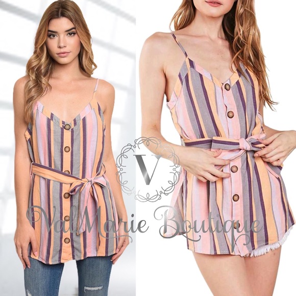 Multi striped linen button down cami tank - Picture 3 of 5